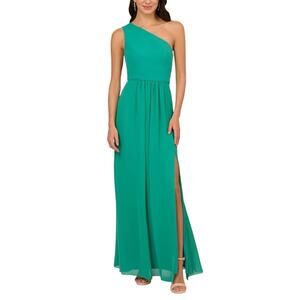 Adrianna Papell Green Evening Gown Chiffon One Shoulder Long A-Line Dress Size 6